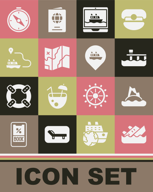 设置沉没游轮，热带岛屿海洋，海滩码头码头，巡航，折叠地图，船线路径，指南针和位置与图标。向量图片下载