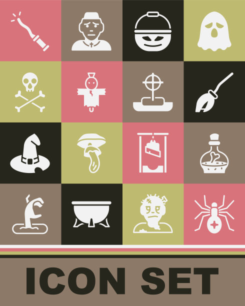 Set Spider, Bottle with potion, Witches broom, Pumpkin basket for sweets, Scarecrow, Skull crossbones, Magic wand and Tombstone icon。向量图片下载