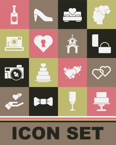 婚礼蛋糕，两颗相连的心，钻石订婚戒指，卧室，钥匙孔，相机，香槟瓶和教堂建筑图标。向量图片下载