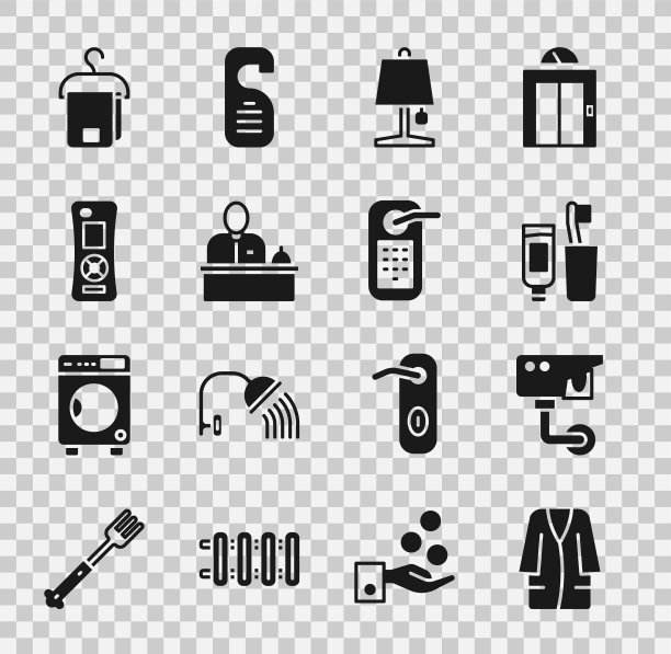 设置浴袍，安全摄像头，牙刷和牙膏，台灯，酒店前台，遥控器，毛巾衣架和数字门锁图标。向量图片下载