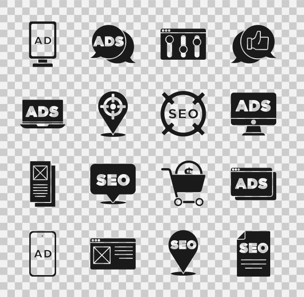 设置SEO优化，广告，浏览器设置，目标运动，图标。向量图片下载