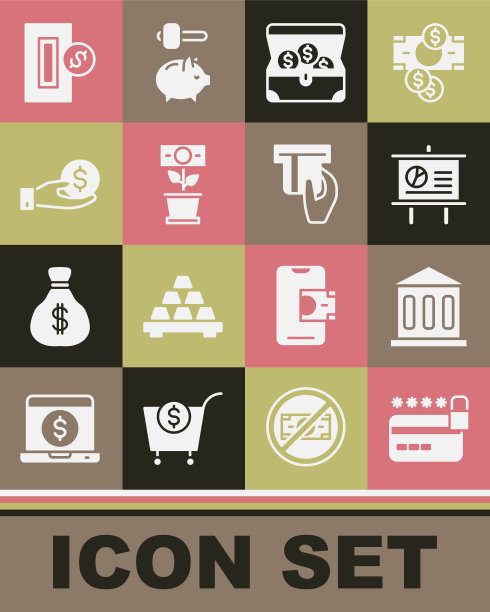 设置信用卡与锁，银行大楼，黑板图，宝箱，钱种植罐，手给钱，插入硬币和插入图标。向量图片下载