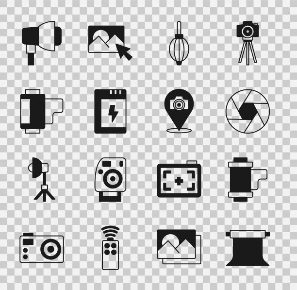 设置空照相馆，相机卷墨盒，快门，除尘风机，相机电池，软箱灯和照片图标。向量图片下载