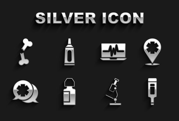 集眼药水瓶、十字医院定位、数字体温计、显微镜、对话医生、笔记本心电图、人体骨折膏和药膏管等医药图标。向量图片下载