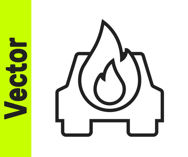 黑色线燃烧汽车图标孤立在白色的背景。汽车着火了。被火和烟覆盖的破汽车。向量图片下载