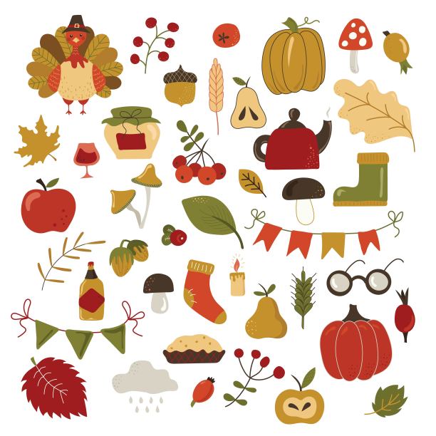 多彩的，明亮的矢量手工项目和符号的秋天感恩节的主题。所有对象都是分离的。矢量图图片下载