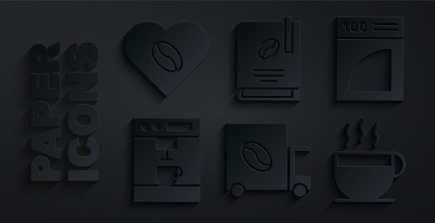 集咖啡街卡车机，纸过滤器，杯子，书和情人图标。向量图片下载