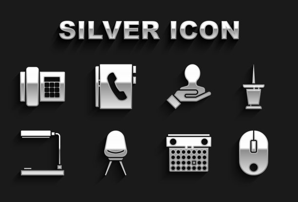 办公椅，推针，电脑鼠标，日历，台灯，搜索人的手，电话和地址簿图标。向量图片下载