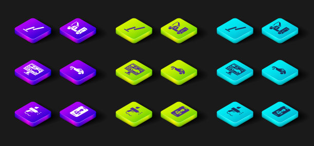 设置喷漆枪，在线汽车服务，诊断状态，故障，拖车和挡风玻璃雨刷图标。向量图片下载