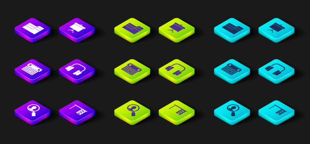 设置放大镜搜索人，办公桌，日历，耳机，黑板与图表和文件文件夹图标。向量图片下载