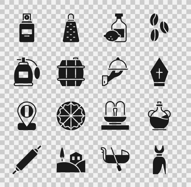 集女子连衣裙，橄榄油瓶，教皇帽，柠檬瓶，酒桶，香水，和覆盖托盘食物图标。向量图片下载