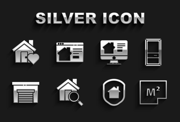 设置搜索房子，关闭的门，房子计划，在保护下，车库，在线房地产，与心脏形状和图标。向量图片下载