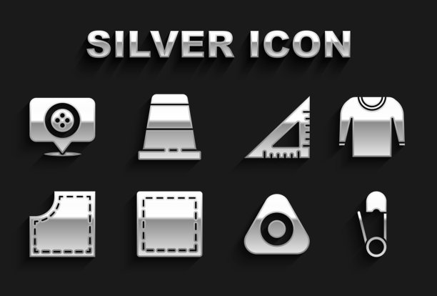 设置缝纫模式，毛衣，安全别针，粉笔，三角形尺，位置裁缝店和缝纫图标顶针。向量图片下载