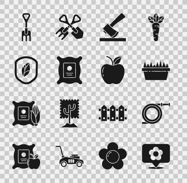 设置位置与鲜花，花园软管或消防软管，新鲜的草在矩形，木斧，包装的植物种子，盾叶，耙子和苹果图标。向量图片下载