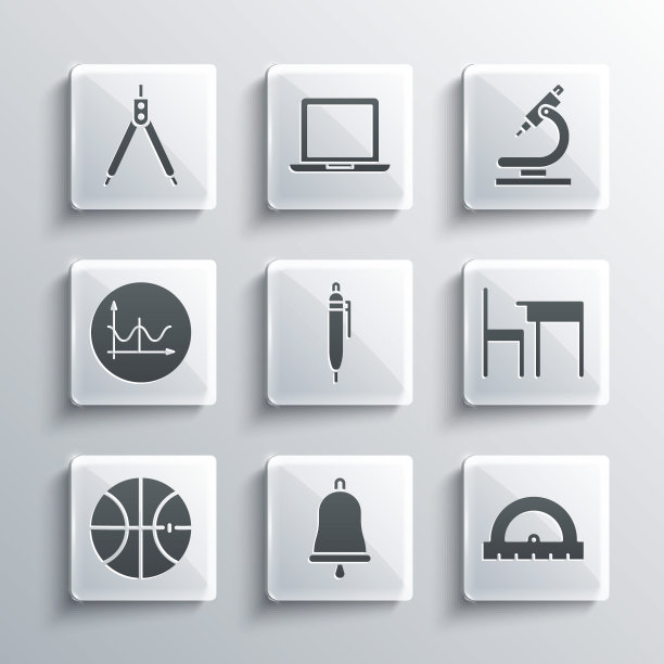 设置铃声，量角器，学校桌椅，钢笔，篮球，图形，时间表，图表，图表，指南针和显微镜图标。向量图片下载