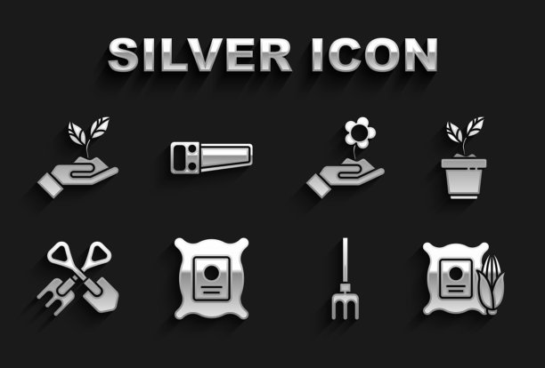 套装满植物种子，植物在锅，玉米袋，花园耙，铲子和，手捧花，手环境和看到图标。向量图片下载