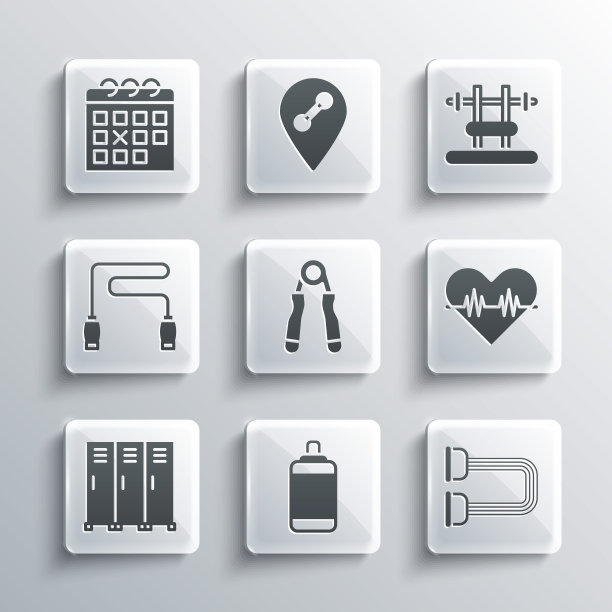 套沙袋，扩胸器，心率，运动，更衣室更衣室，跳绳，日历健身和杠铃图标的长凳。向量图片下载