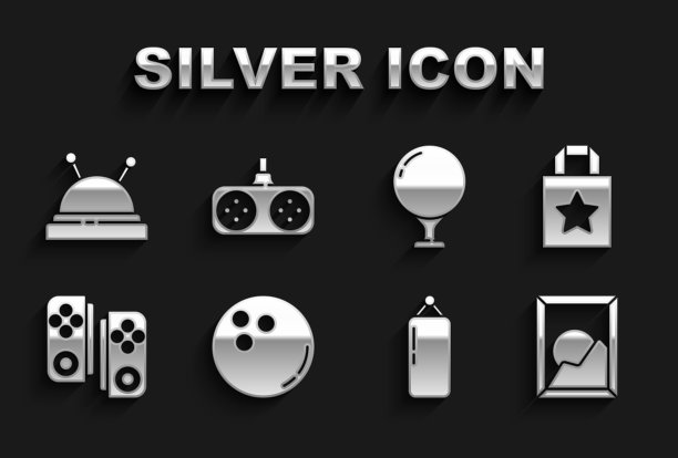 集保龄球，纸购物袋，图片景观，冲孔，手柄，高尔夫球，针床针和图标。向量图片下载