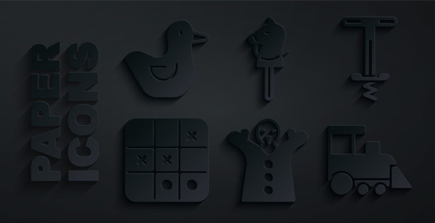 玩具布娃娃，单高跷跳跃玩具，井字游戏，火车，马和橡皮鸭图标。向量图片下载