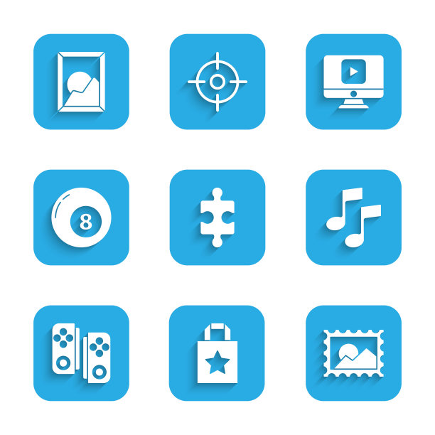 集拼图，纸购物袋，邮票，音乐笔记，音调，手柄，台球，斯诺克球，在线播放视频和图片景观图标。向量图片下载