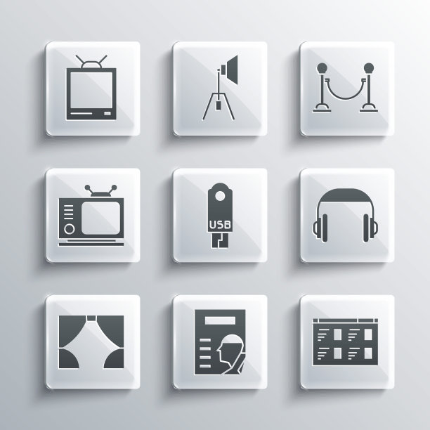 设置电影海报，在线播放视频，耳机，USB闪存驱动器，窗帘，复古电视，和绳索屏障图标。向量图片下载