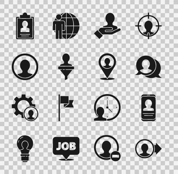 设置创建帐户屏幕，移动简历，语音气泡聊天，搜索人的手，猎头，剪贴板和位置人图标。向量图片下载