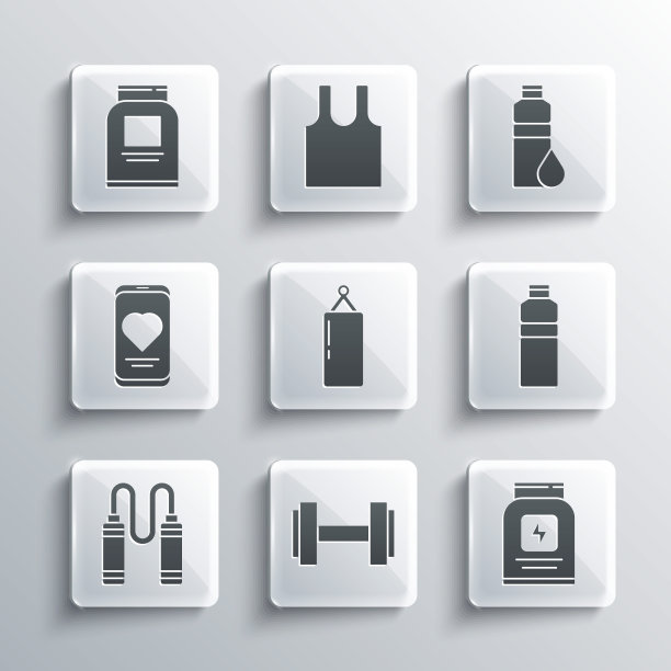 设置哑铃，运动营养，健身摇壶，沙袋，跳绳，带心率的手机，图标。向量图片下载