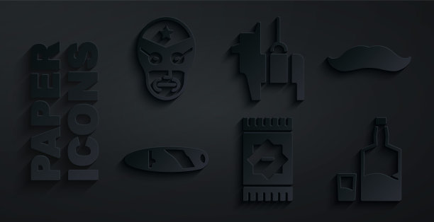 设置墨西哥地毯，胡子，雪茄，龙舌兰瓶和玻璃，皮纳塔和摔跤手图标。向量图片下载