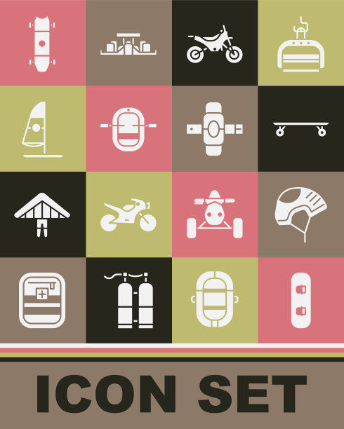 设置滑雪板，头盔，长板或滑板，山地车，漂流船，风帆冲浪，膝盖垫图标。向量图片下载