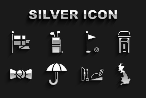 设置伞，伦敦电话亭，英格兰地图，罗宾汉帽子，蝴蝶结，高尔夫旗，旗杆和袋与俱乐部图标。向量图片下载