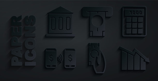 设置快速支付，计算器，货币转账，金融增长下降，ATM和货币和银行建筑图标。向量图片下载