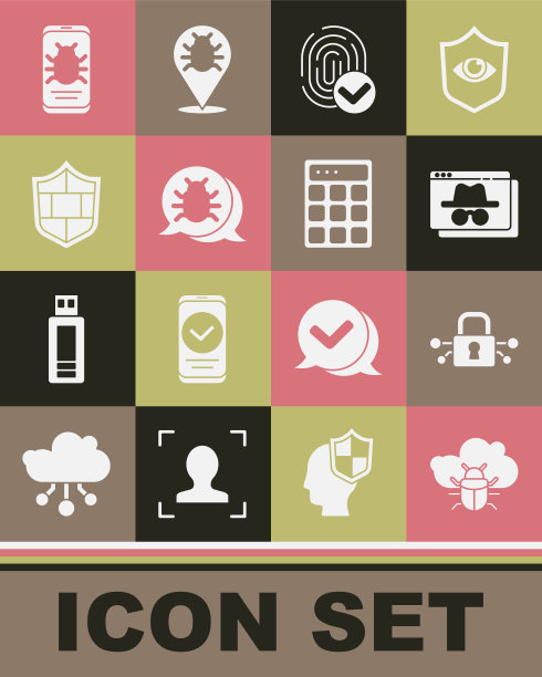 在云上设置系统洞，网络安全，浏览器隐身窗口，指纹，墙盾，手机和密码保护图标。向量图片下载