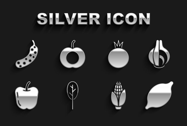 设置菠菜，洋葱，柠檬，玉米，苹果，番茄，新鲜黄瓜和桃子水果图标。向量图片下载