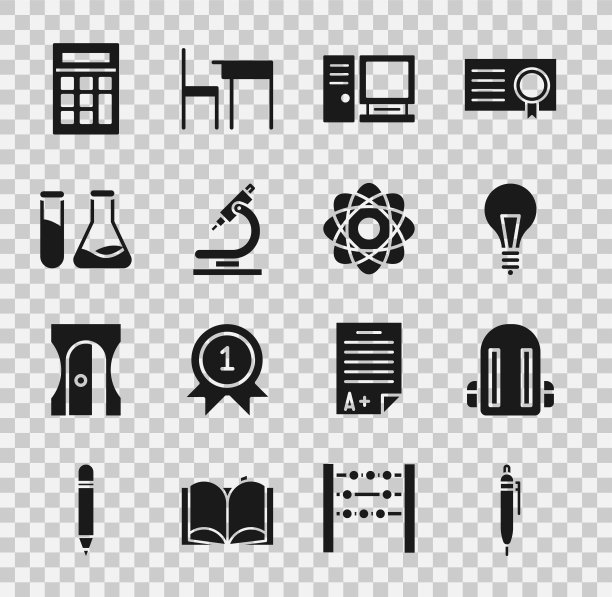 集笔，学校背包，灯泡的概念的想法，电脑监视器，显微镜，试管和烧瓶，计算器和原子图标。向量图片下载