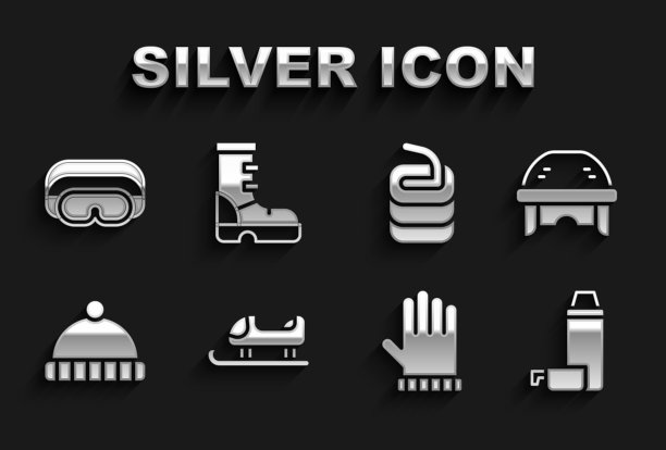 雪橇，曲棍球头盔，保温瓶，圣诞手套，冬季帽子，冰壶石，滑雪护目镜和防水橡胶靴图标。向量图片下载