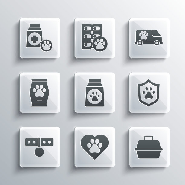 Set Heart with animals footprint, Pet carry case, Animal health insurance, Bag of food, Collar name tag, and Veterinary ambulance icon. Set Heart with animals footprint, Pet carry case, Animal health insurance, Bag of food, Collar name tag, and Veterinary救护车图标。向量图片下载
