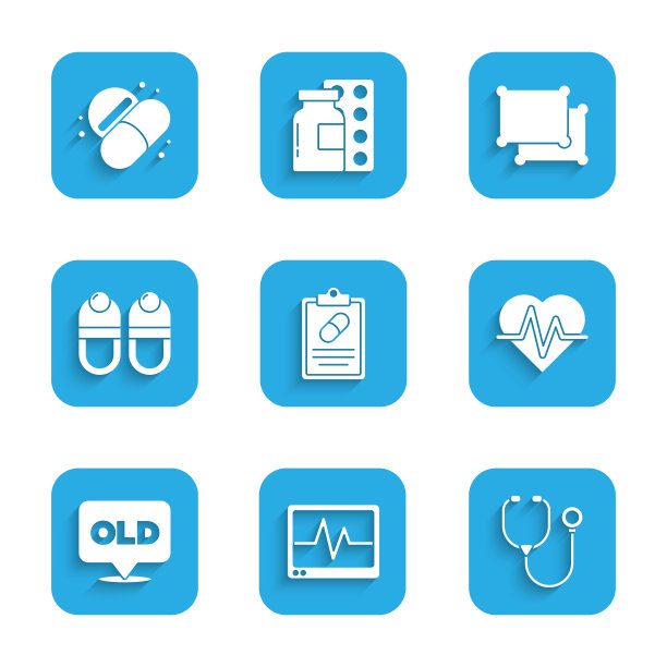 设置医疗处方，监护与心电图，听诊器，心率，疗养院，拖鞋，枕头和医药药片图标。向量图片下载