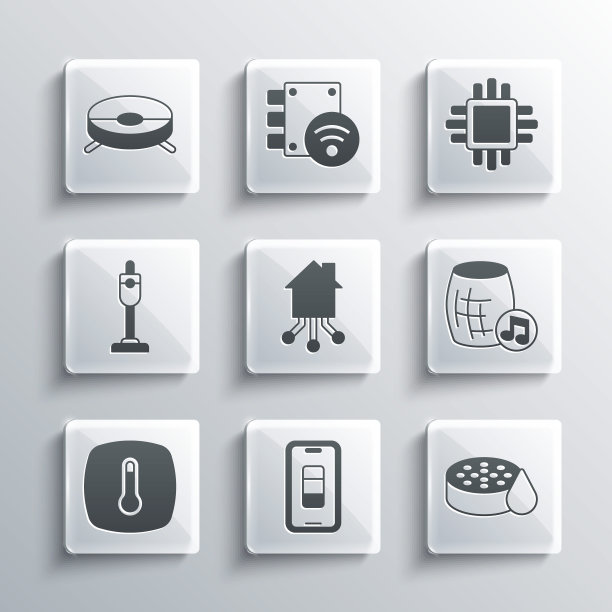 设置智能手机电池充电，水浸传感器，语音助手，家居，恒温器，吸尘器，机器人吸尘器和处理器与CPU图标。向量图片下载