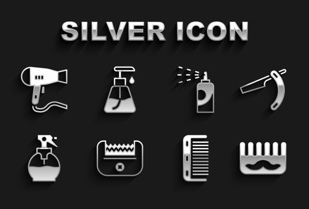 集电动理发器，直剃须刀，发刷，发型师手枪喷雾瓶，喷雾罐发胶，烘干机和化妆品管图标。向量图片下载