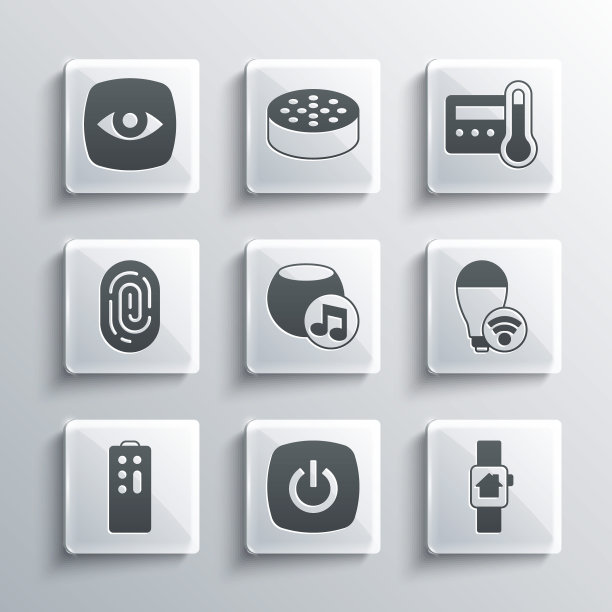 设置智能家居，智能手表，灯泡，语音助手，远程控制，指纹，安全摄像头和恒温器图标。向量图片下载