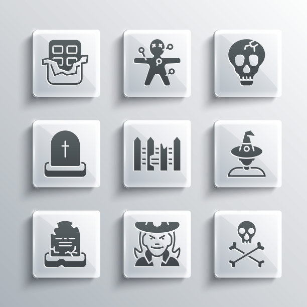 设置女巫，骷髅在交叉骨头，花园栅栏木制，墓碑与RIP写，巧克力棒和图标。向量图片下载