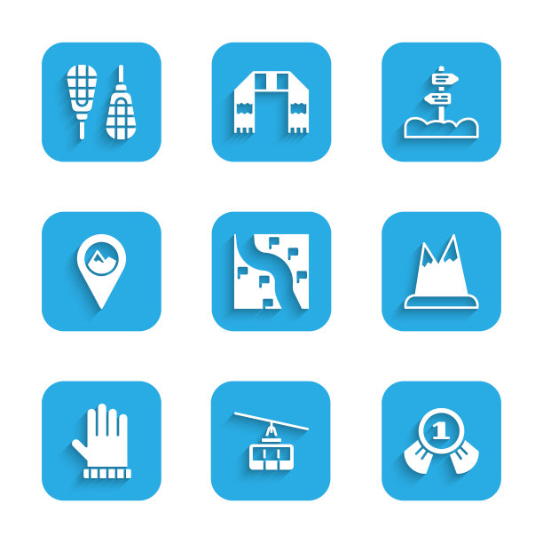 设置路线位置，缆车，奖章，山脉，圣诞手套，位置与山，道路交通路标和雪鞋图标。向量图片下载