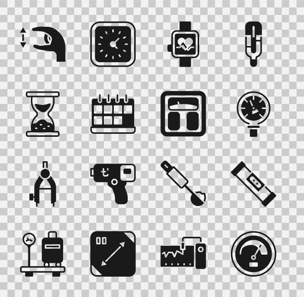 设置速度计，建筑泡沫水平，压力水，智能手表，日历，旧沙漏与沙，近似测量和浴室秤图标。向量图片下载
