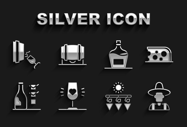 集酒杯，奶酪，农夫帽子，葡萄干，酒瓶，旧瓶，品尝，品尝和木桶为图标。向量图片下载