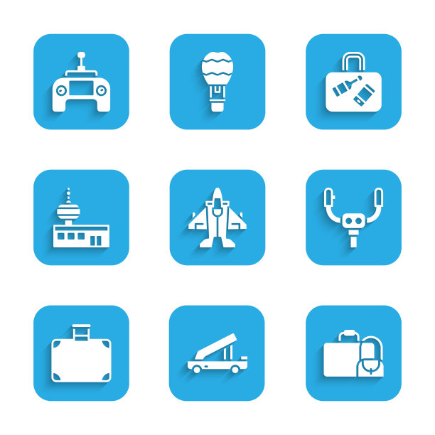 设置喷气式战斗机，乘客梯子，手提箱，飞机舵手，机场控制塔，和无人机遥控图标。向量图片下载