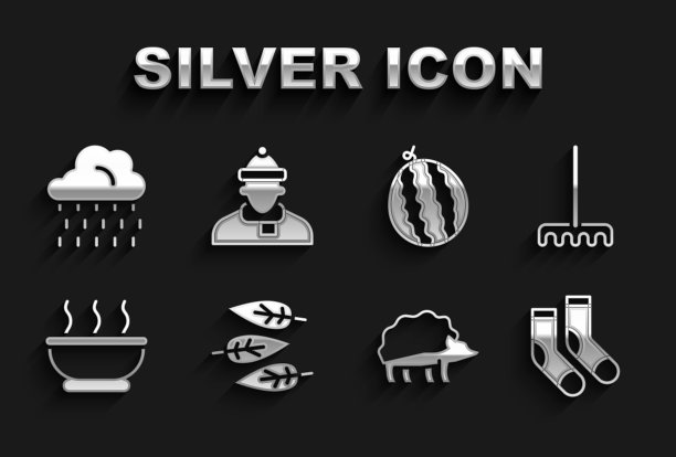 集叶子或树叶，花园耙，袜子，刺猬，碗热汤，西瓜，雨云和秋天衣服图标。向量图片下载