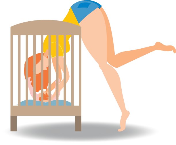 年轻的母亲靠在婴儿床上。平面向量插图。侧视图图片下载