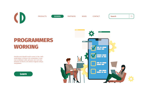 程序员着陆。数字设计师工作在笔记本电脑编码器编写代码花哨的矢量模板的网页图片下载