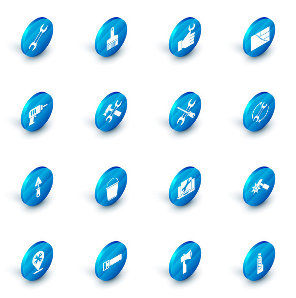 设置油漆刷，扳手扳手，砖，电钻，铲子，锤子和扳手，箭头作为工作流程和螺丝刀图标。向量图片下载