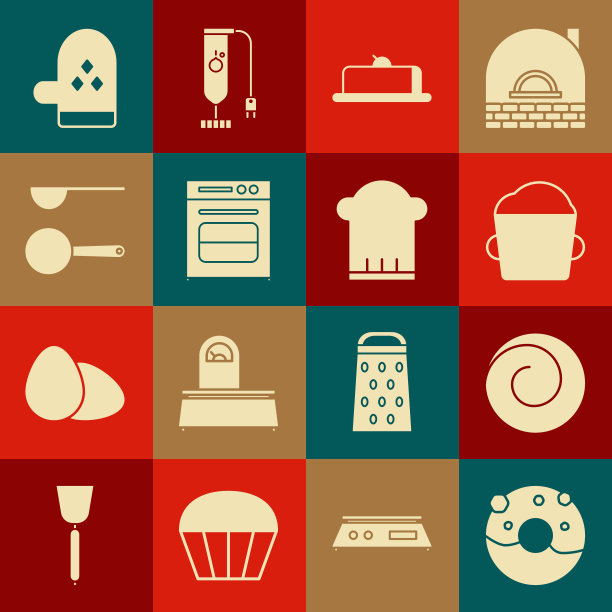 设置甜釉面甜甜圈，卷馒头肉桂，面包房碗面团，草莓芝士蛋糕片，烤箱，勺子，手套和厨师帽子图标。向量图片下载